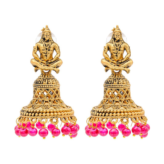 Shining Jewel Traditional Indian Matte Gold Oxidised CZ, Crystal Studded Temple Jhumka Earring For Women - Gold Maroon (SJE_107_G_M)