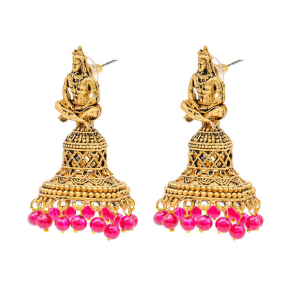 Shining Jewel Traditional Indian Matte Gold Oxidised CZ, Crystal Studded Temple Jhumka Earring For Women - Gold Maroon (SJE_107_G_M)