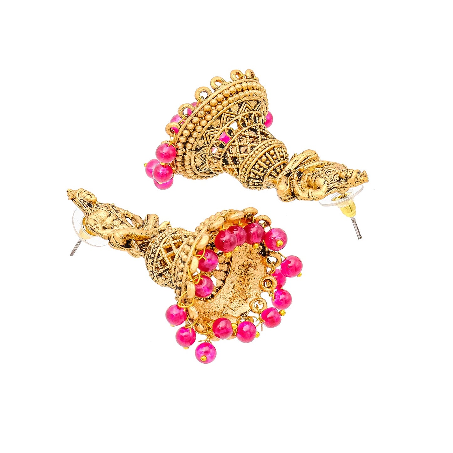 Shining Jewel Traditional Indian Matte Gold Oxidised CZ, Crystal Studded Temple Jhumka Earring For Women - Gold Maroon (SJE_107_G_M)