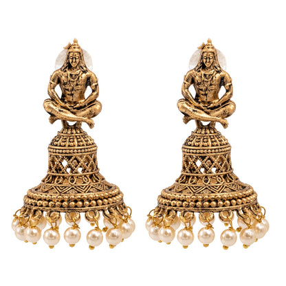 Shining Jewel Traditional Indian Matte Gold Oxidised CZ, Crystal Studded Temple Jhumka Earring For Women - Gold White (SJE_107_G_W)