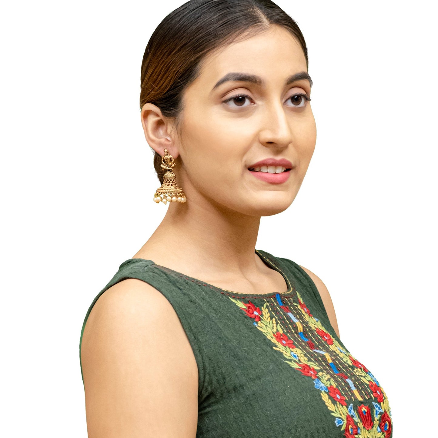 Shining Jewel Traditional Indian Matte Gold Oxidised CZ, Crystal Studded Temple Jhumka Earring For Women - Gold White (SJE_107_G_W)