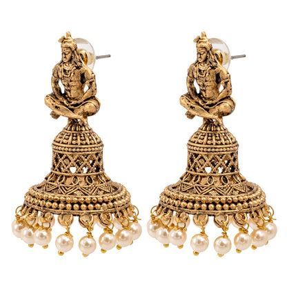 Shining Jewel Traditional Indian Matte Gold Oxidised CZ, Crystal Studded Temple Jhumka Earring For Women - Gold White (SJE_107_G_W)