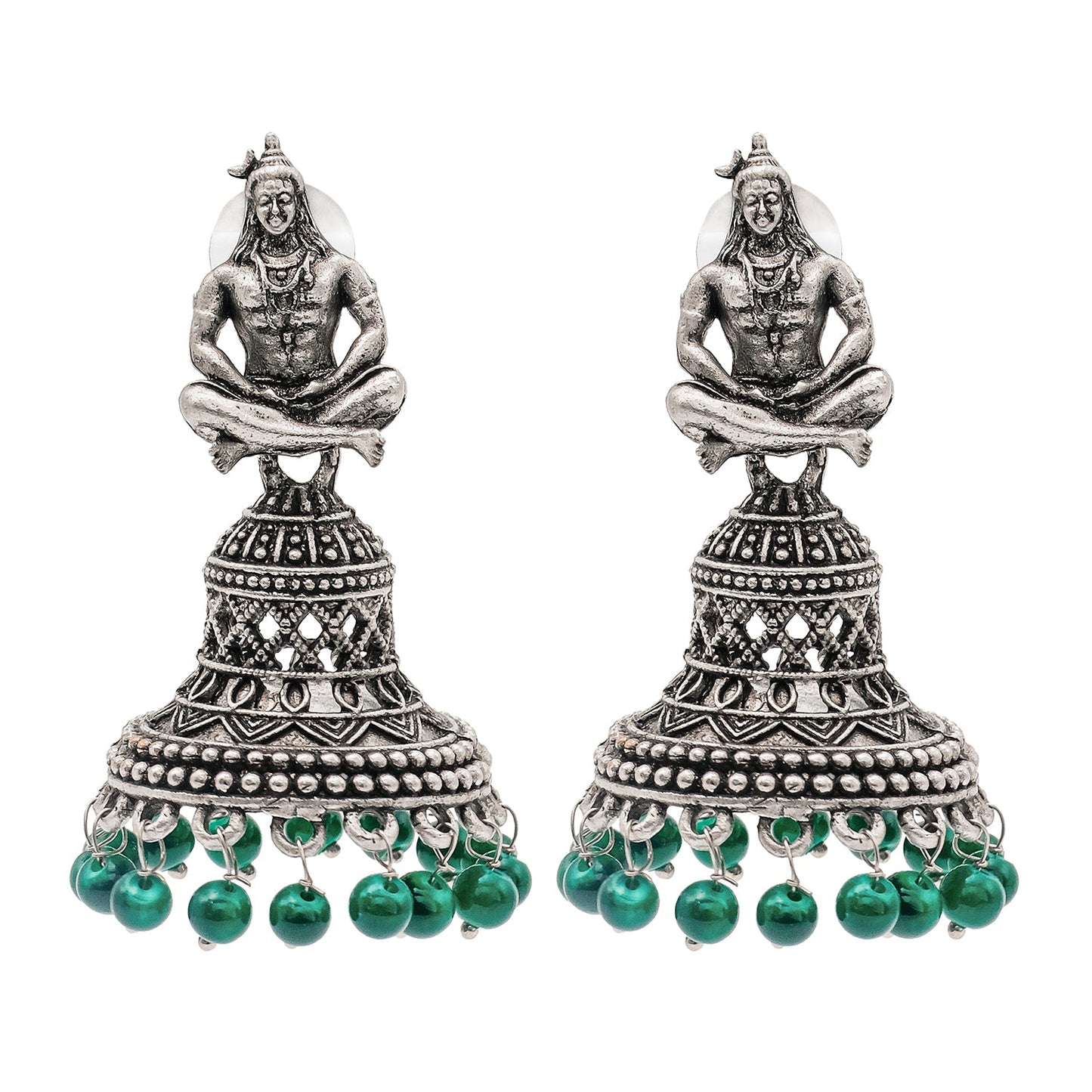 Shining Jewel Traditional Indian Matte Silver Oxidised CZ, Crystal Studded Temple Jhumka Earring For Women - Silver Green (SJE_107_S_G)