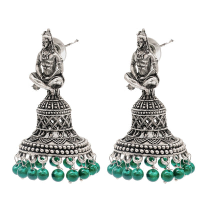 Shining Jewel Traditional Indian Matte Silver Oxidised CZ, Crystal Studded Temple Jhumka Earring For Women - Silver Green (SJE_107_S_G)