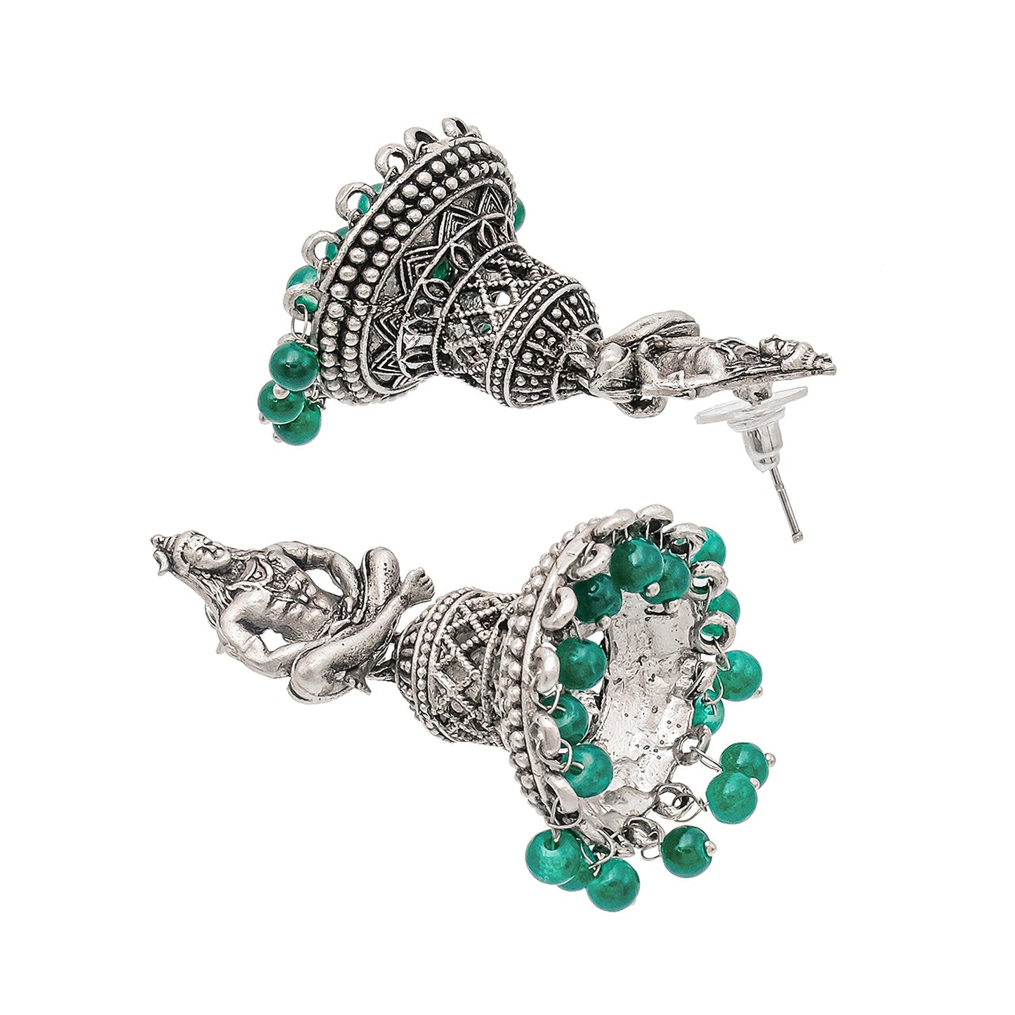 Shining Jewel Traditional Indian Matte Silver Oxidised CZ, Crystal Studded Temple Jhumka Earring For Women - Silver Green (SJE_107_S_G)