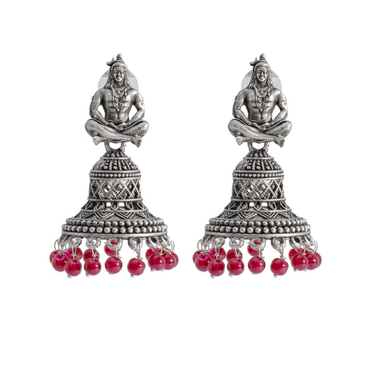 Shining Jewel Traditional Indian Matte Silver Oxidised CZ, Crystal Studded Temple Jhumka Earring For Women - Silver Maroon (SJE_107_S_M)