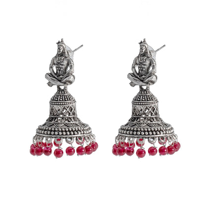 Shining Jewel Traditional Indian Matte Silver Oxidised CZ, Crystal Studded Temple Jhumka Earring For Women - Silver Maroon (SJE_107_S_M)