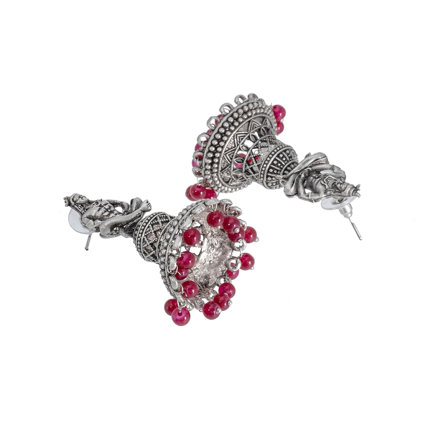 Shining Jewel Traditional Indian Matte Silver Oxidised CZ, Crystal Studded Temple Jhumka Earring For Women - Silver Maroon (SJE_107_S_M)