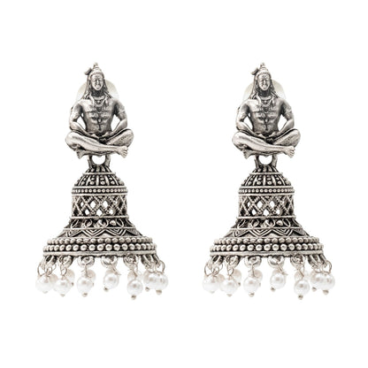 Shining Jewel Traditional Indian Matte Silver Oxidised CZ, Crystal Studded Temple Jhumka Earring For Women - Silver White (SJE_107_S_W)