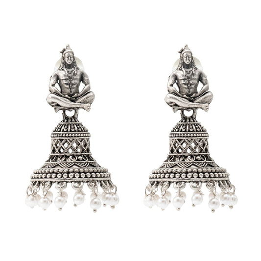 Shining Jewel Traditional Indian Matte Silver Oxidised CZ, Crystal Studded Temple Jhumka Earring For Women - Silver White (SJE_107_S_W)