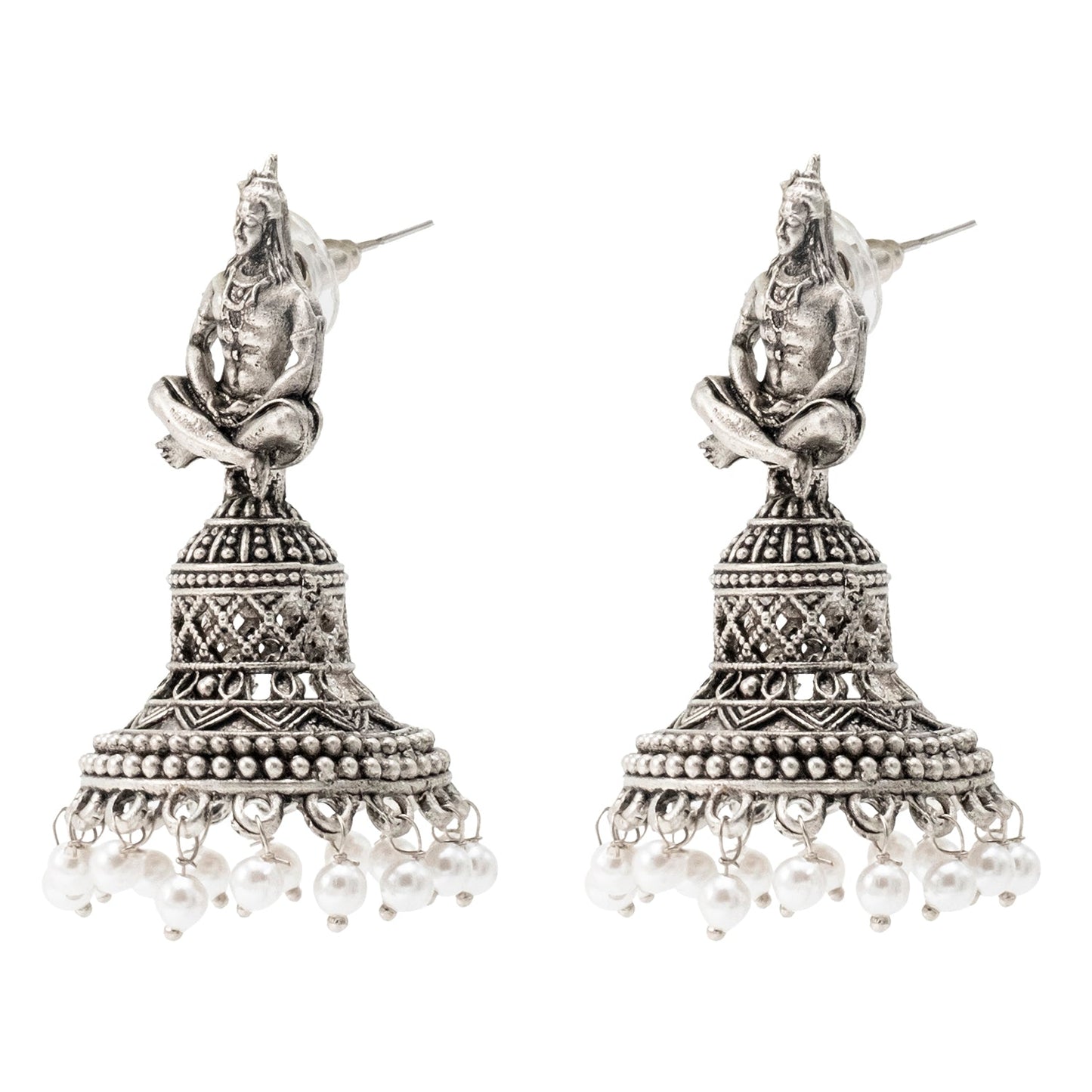 Shining Jewel Traditional Indian Matte Silver Oxidised CZ, Crystal Studded Temple Jhumka Earring For Women - Silver White (SJE_107_S_W)