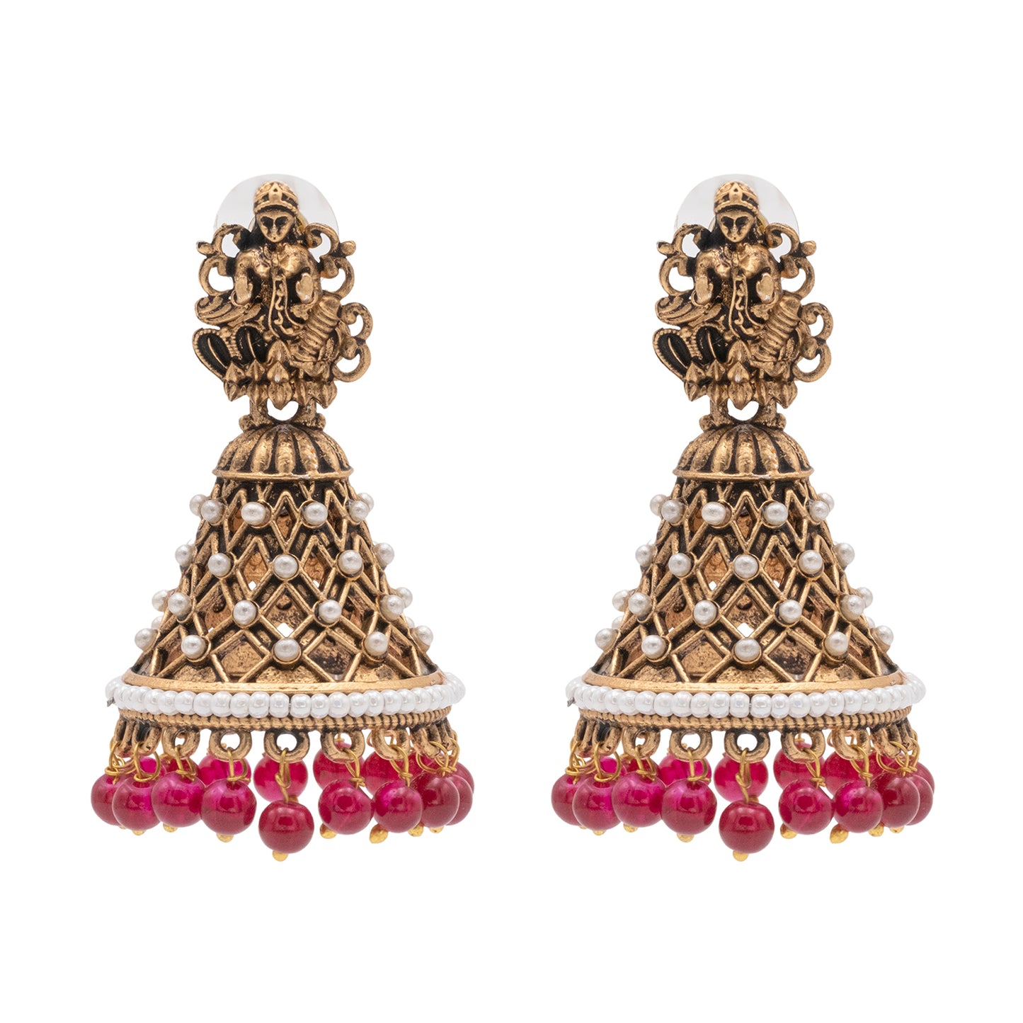 Traditional Indian Matte Gold Oxidised CZ Crystal Studded Temple Jhumka Earring For Women - Gold Green (SJE_108_G_G)