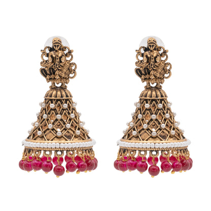 Traditional Indian Matte Gold Oxidised CZ Crystal Studded Temple Jhumka Earring For Women - Gold Green (SJE_108_G_G)