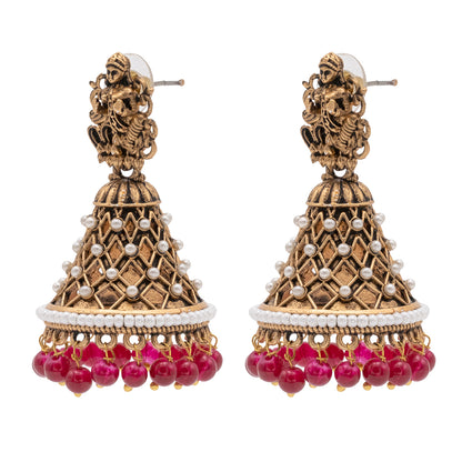 Traditional Indian Matte Gold Oxidised CZ Crystal Studded Temple Jhumka Earring For Women - Gold Green (SJE_108_G_G)