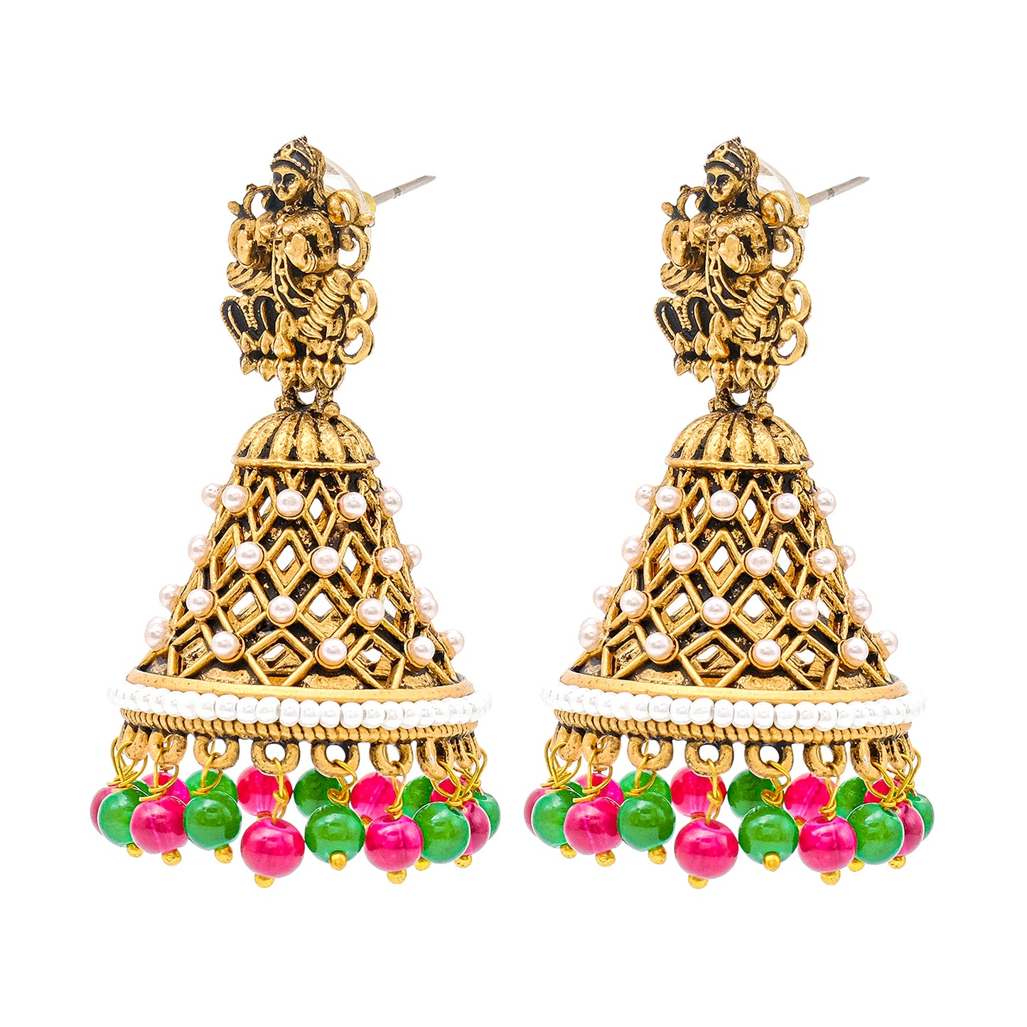 Traditional Indian Matte Gold Oxidised CZ Crystal Studded Temple Jhumka Earring For Women - Gold Green (SJE_108_G_G)