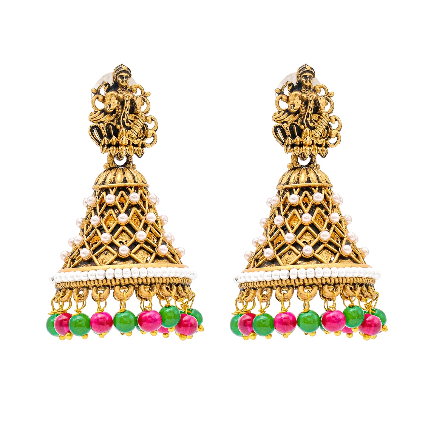 Traditional Indian Matte Gold Oxidised CZ Crystal Studded Temple Jhumka Earring For Women - Gold Green (SJE_108_G_G)