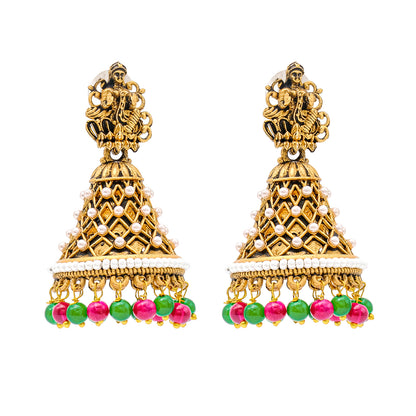 Traditional Indian Matte Gold Oxidised CZ Crystal Studded Temple Jhumka Earring For Women - Gold Green (SJE_108_G_G)