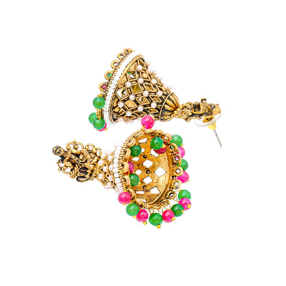 Traditional Indian Matte Gold Oxidised CZ Crystal Studded Temple Jhumka Earring For Women - Gold Green (SJE_108_G_G)