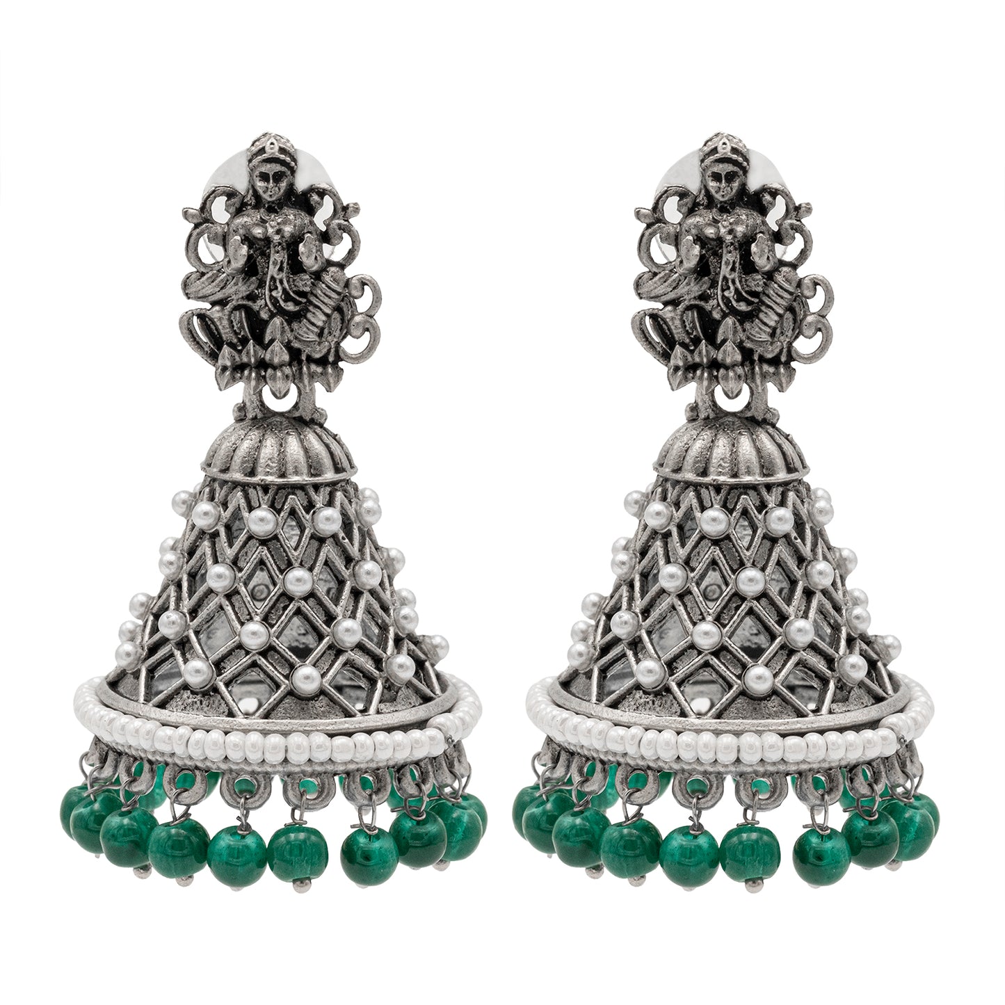 Traditional Indian Matte Silver Oxidised CZ Crystal Studded Temple Jhumka Earring For Women - Silver Maroon (SJE_108_S_M)