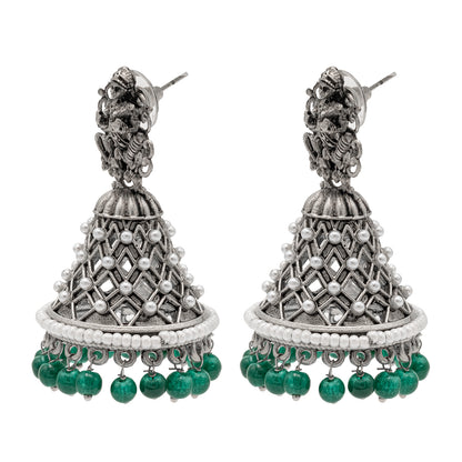 Traditional Indian Matte Silver Oxidised CZ Crystal Studded Temple Jhumka Earring For Women - Silver Maroon (SJE_108_S_M)