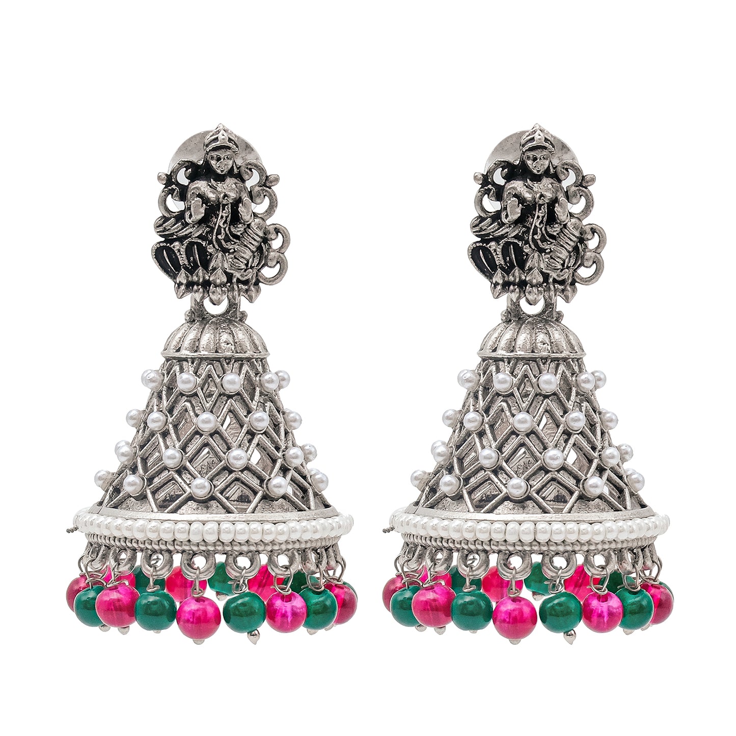 Traditional Indian Matte Silver Oxidised CZ Crystal Studded Temple Jhumka Earring For Women - Silver Maroon (SJE_108_S_M)