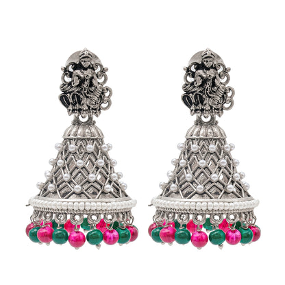 Traditional Indian Matte Silver Oxidised CZ Crystal Studded Temple Jhumka Earring For Women - Silver Maroon (SJE_108_S_M)