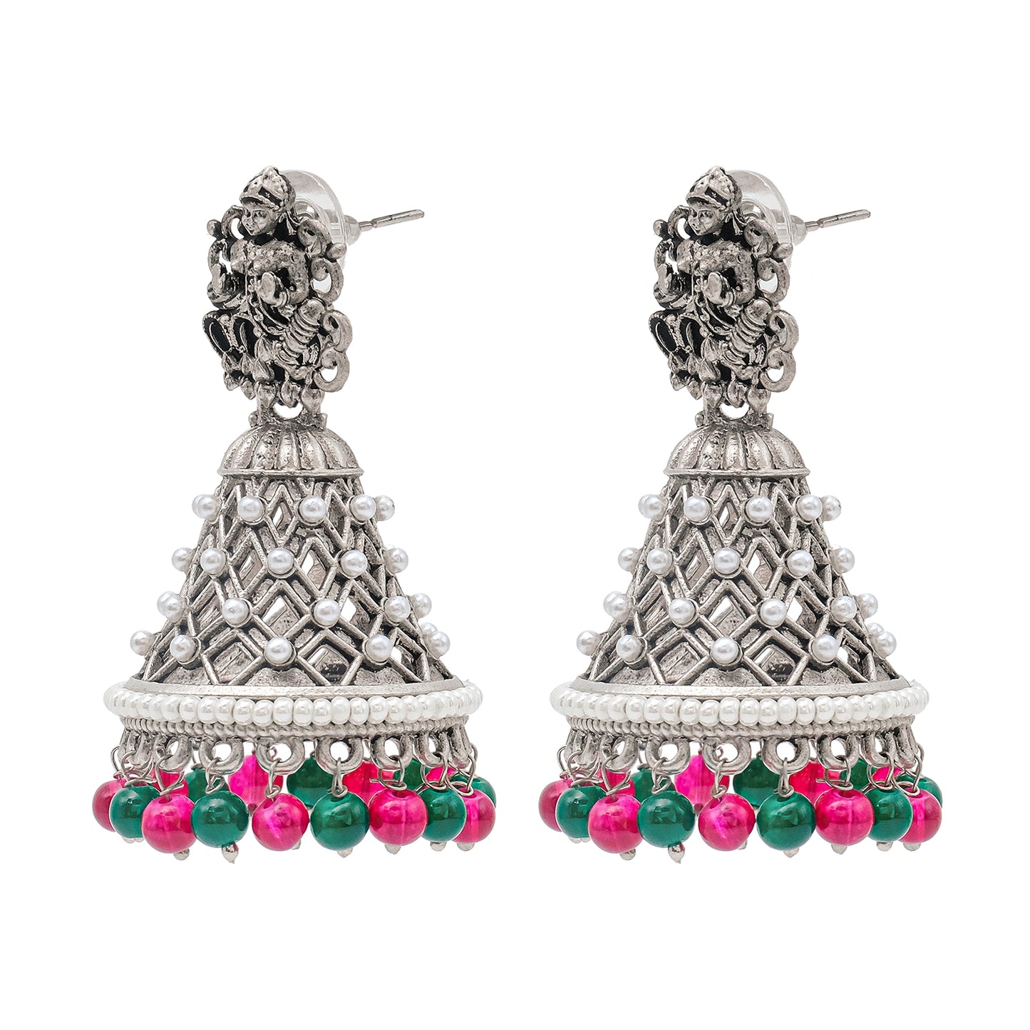 Traditional Indian Matte Silver Oxidised CZ Crystal Studded Temple Jhumka Earring For Women - Silver Maroon (SJE_108_S_M)