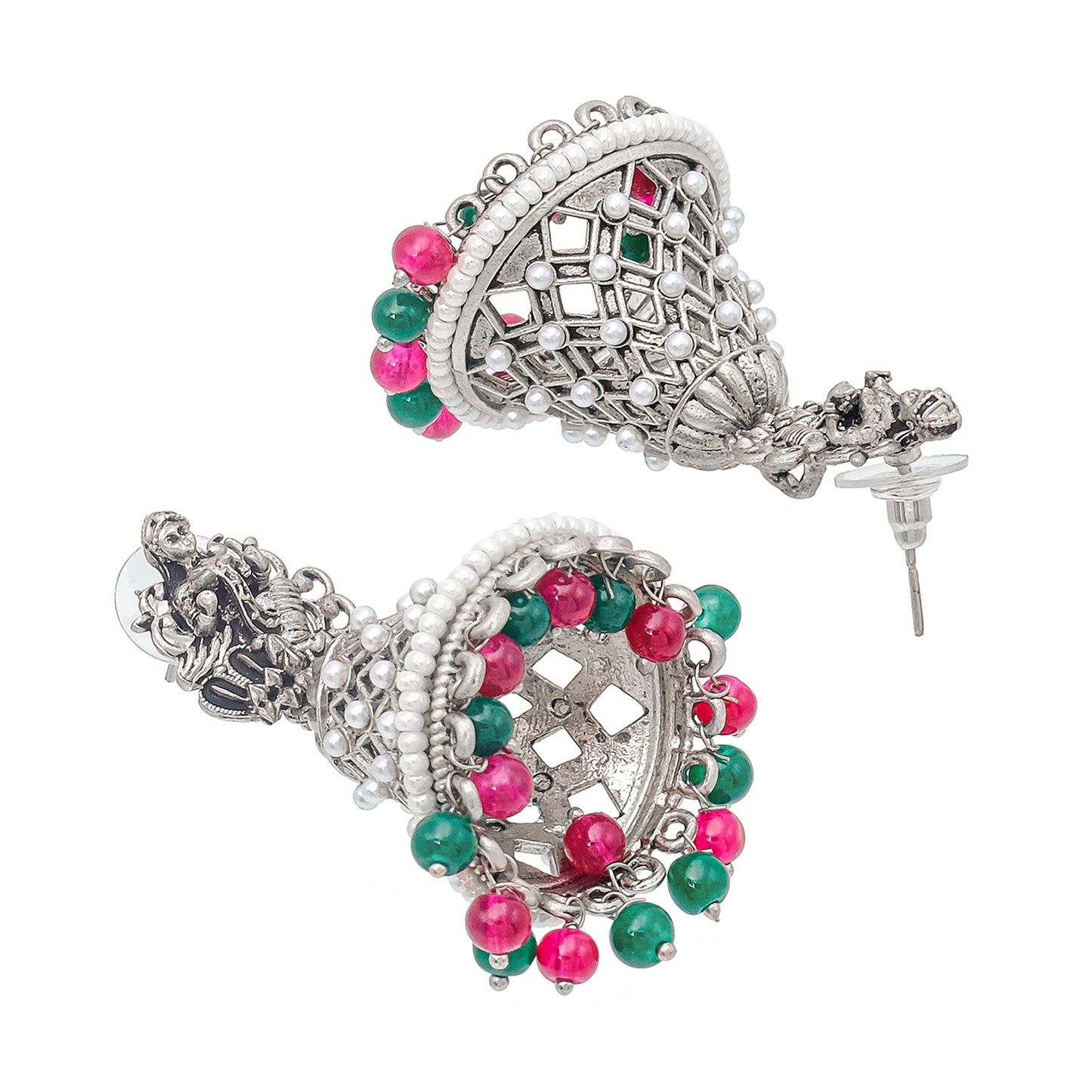 Traditional Indian Matte Silver Oxidised CZ Crystal Studded Temple Jhumka Earring For Women - Silver Maroon (SJE_108_S_M)