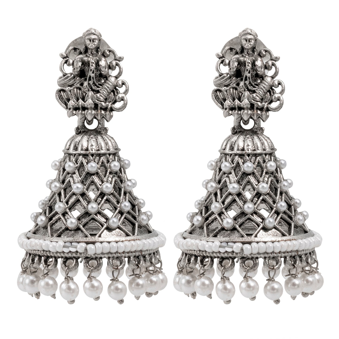 Traditional Indian Matte Silver Oxidised CZ Crystal Studded Temple Jhumka Earring For Women - Silver Maroon (SJE_108_S_M)