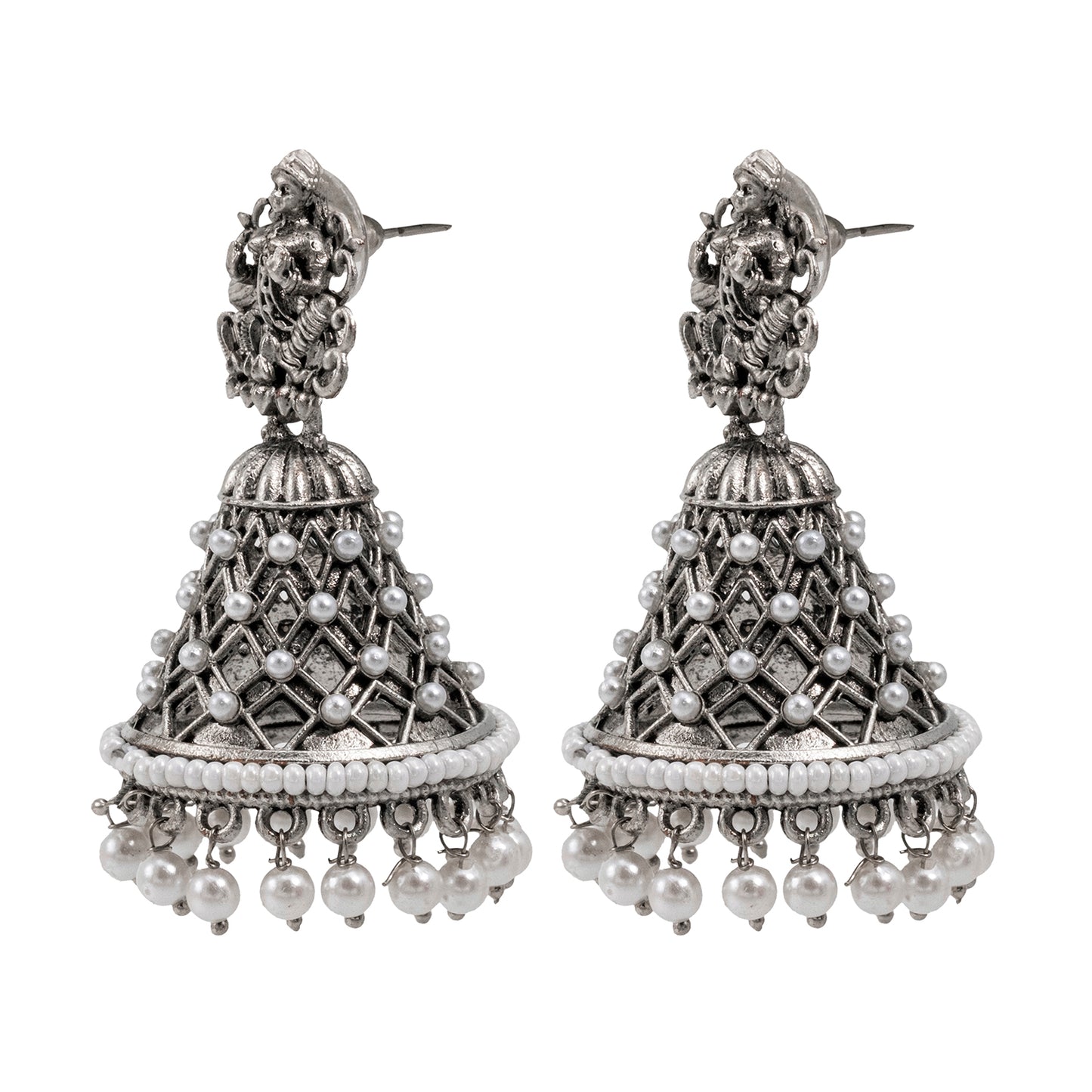 Traditional Indian Matte Silver Oxidised CZ Crystal Studded Temple Jhumka Earring For Women - Silver Maroon (SJE_108_S_M)