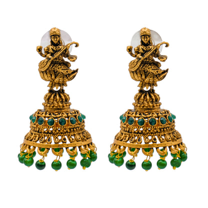 Traditional Indian Matte Gold Oxidised CZ Crystal Studded Temple Jhumka Earring For Women-Gold Green Ruby (SJE_109_G_G_R)