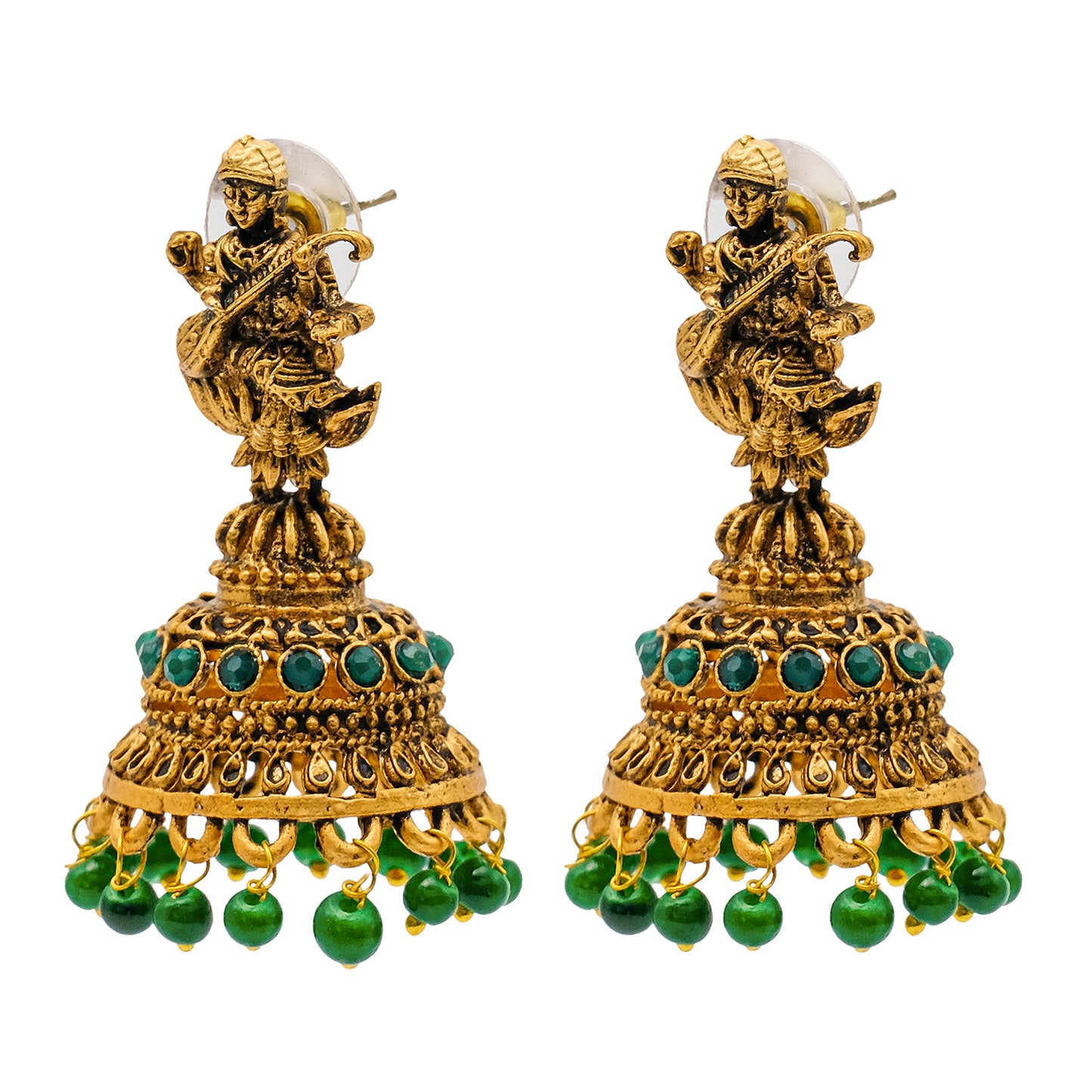 Traditional Indian Matte Gold Oxidised CZ Crystal Studded Temple Jhumka Earring For Women-Gold Green Ruby (SJE_109_G_G_R)