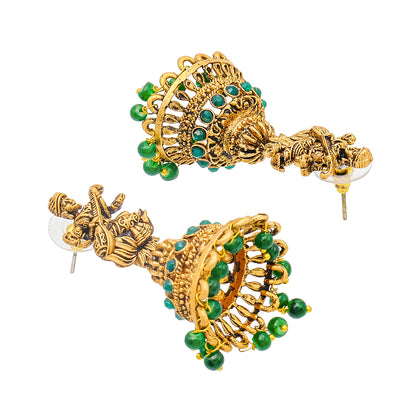 Traditional Indian Matte Gold Oxidised CZ Crystal Studded Temple Jhumka Earring For Women-Gold Green Ruby (SJE_109_G_G_R)