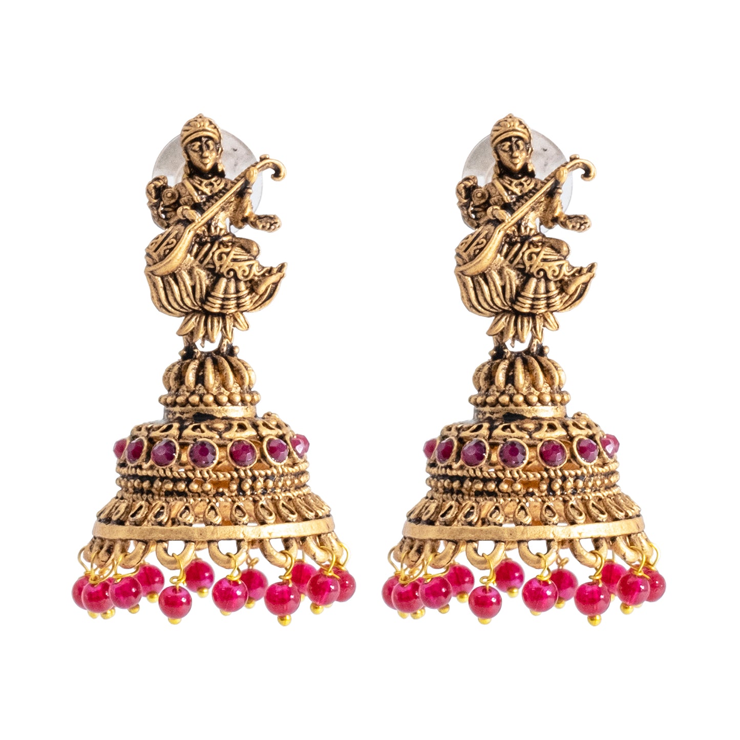 Traditional Indian Matte Gold Oxidised CZ Crystal Studded Temple Jhumka Earring For Women-Gold Green Ruby (SJE_109_G_G_R)