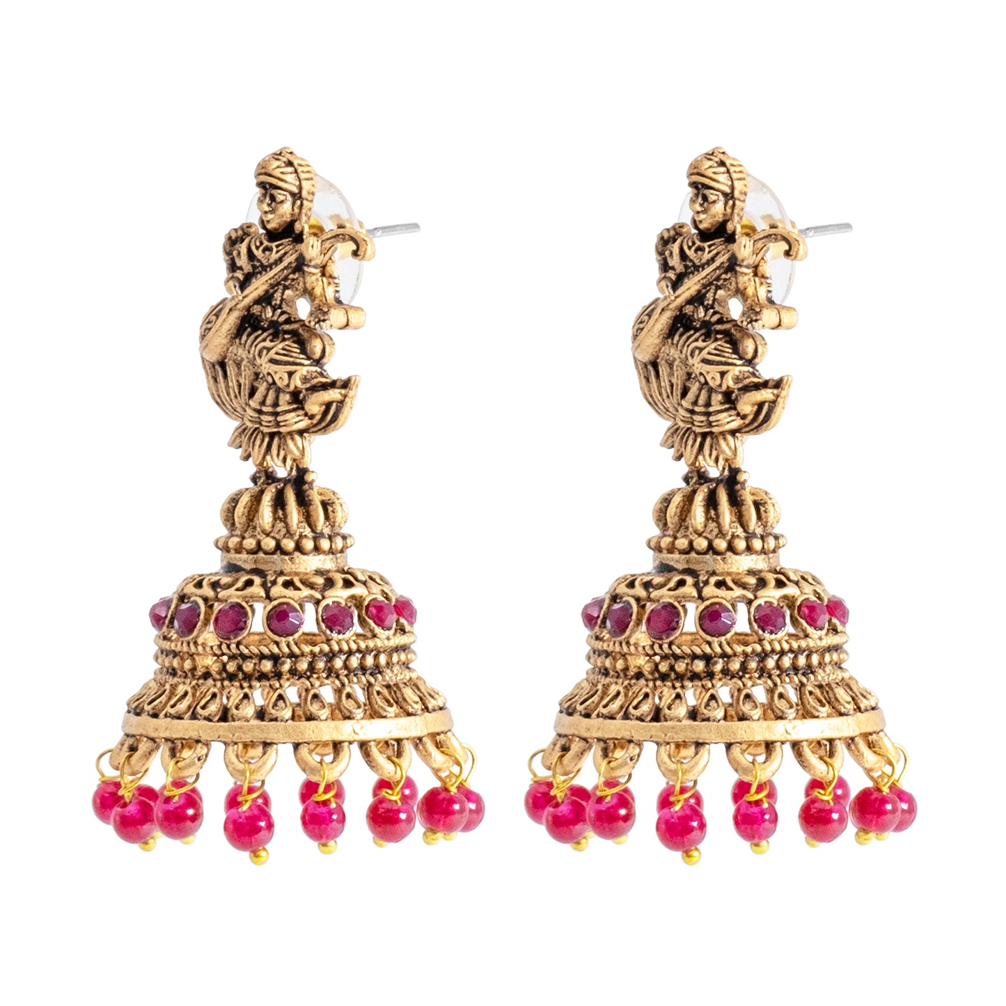 Traditional Indian Matte Gold Oxidised CZ Crystal Studded Temple Jhumka Earring For Women-Gold Green Ruby (SJE_109_G_G_R)