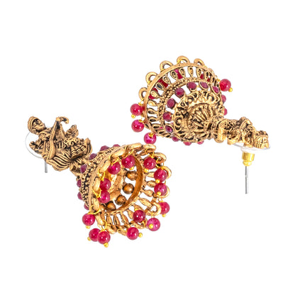 Traditional Indian Matte Gold Oxidised CZ Crystal Studded Temple Jhumka Earring For Women-Gold Green Ruby (SJE_109_G_G_R)