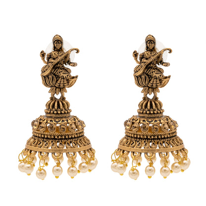 Traditional Indian Matte Gold Oxidised CZ Crystal Studded Temple Jhumka Earring For Women-Gold Green Ruby (SJE_109_G_G_R)