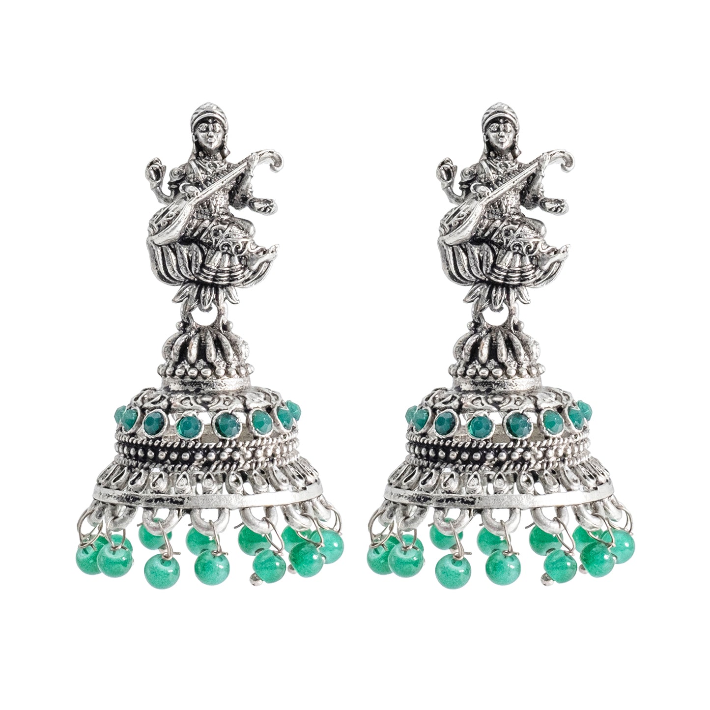 Traditional Indian Matte Silver Oxidised CZ Crystal Studded Temple Jhumka Earring For Women-Silver White (SJE_109_S_W)