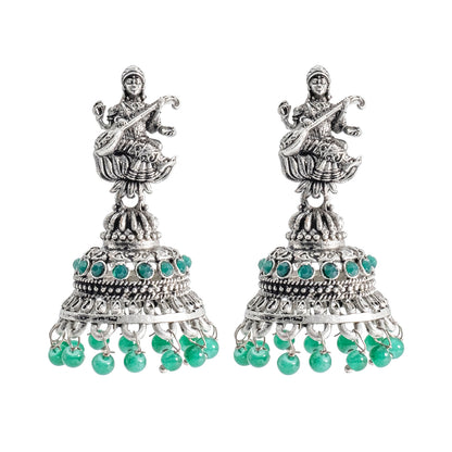 Traditional Indian Matte Silver Oxidised CZ Crystal Studded Temple Jhumka Earring For Women-Silver White (SJE_109_S_W)