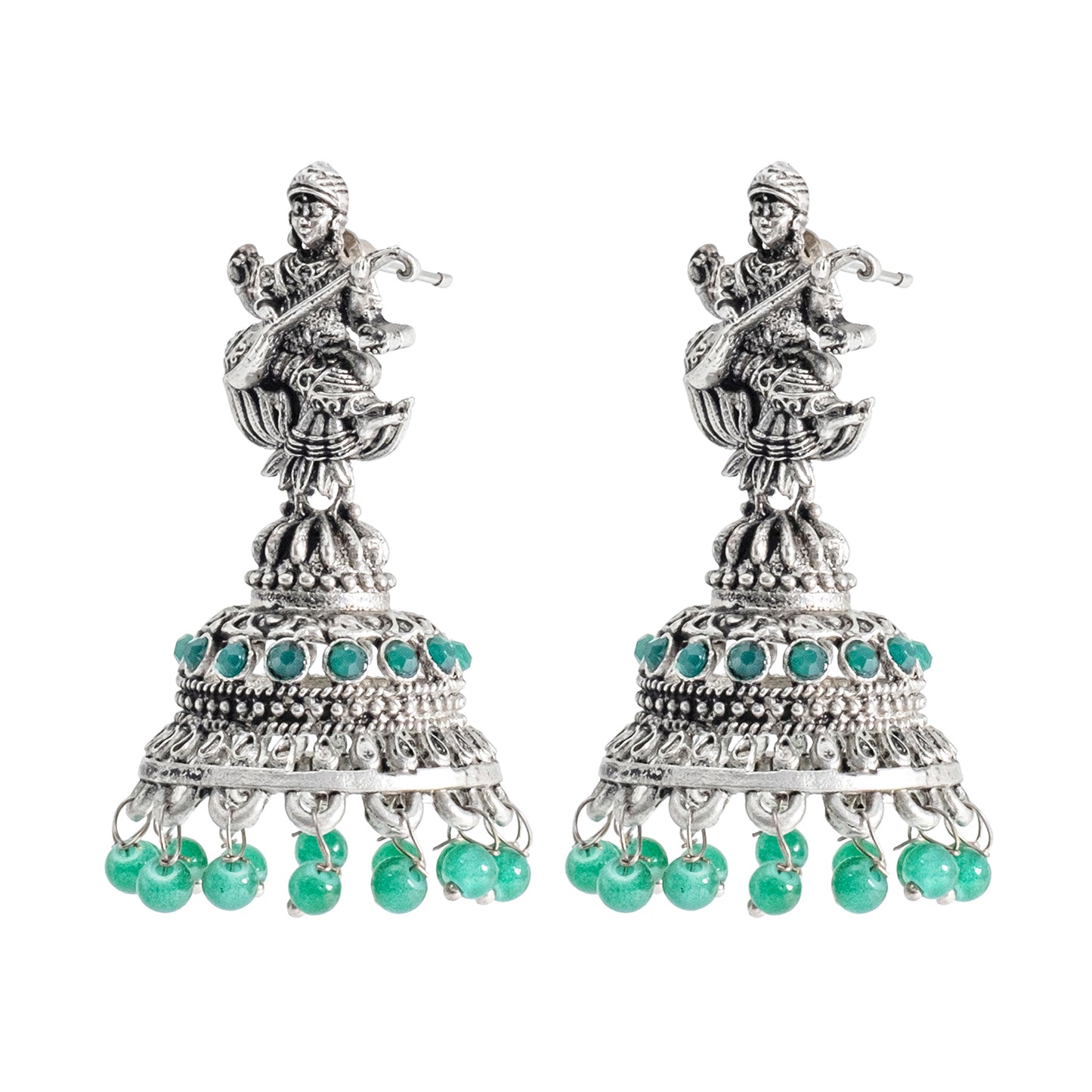 Traditional Indian Matte Silver Oxidised CZ Crystal Studded Temple Jhumka Earring For Women-Silver White (SJE_109_S_W)