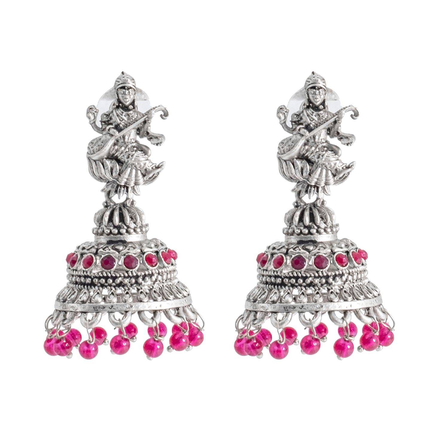 Traditional Indian Matte Silver Oxidised CZ Crystal Studded Temple Jhumka Earring For Women-Silver White (SJE_109_S_W)