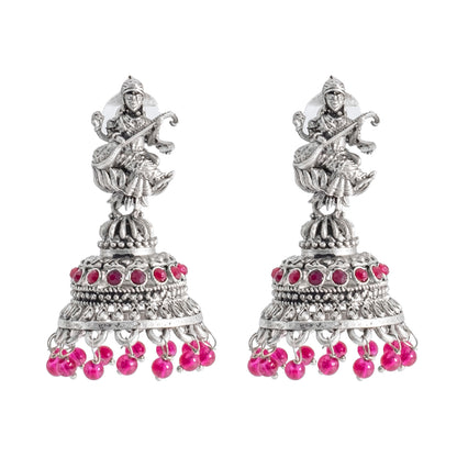 Traditional Indian Matte Silver Oxidised CZ Crystal Studded Temple Jhumka Earring For Women-Silver White (SJE_109_S_W)