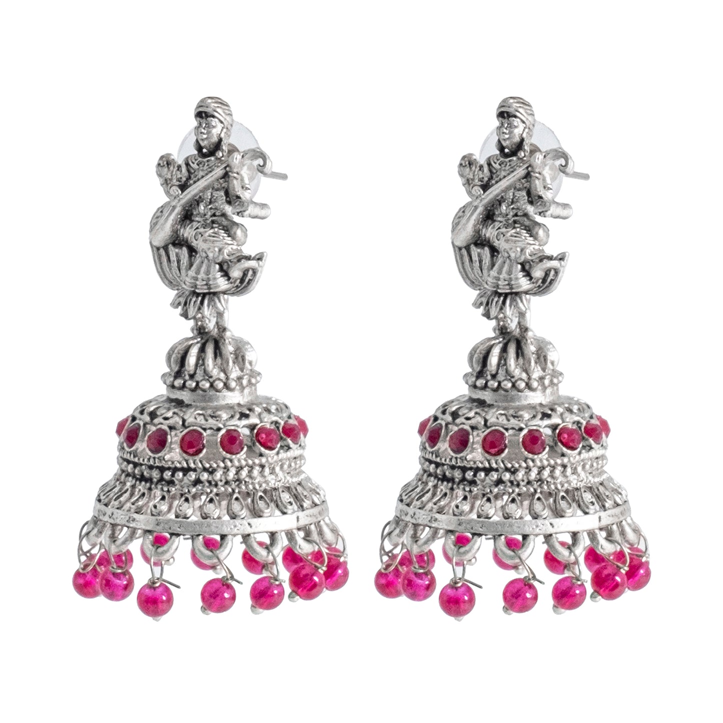 Traditional Indian Matte Silver Oxidised CZ Crystal Studded Temple Jhumka Earring For Women-Silver White (SJE_109_S_W)