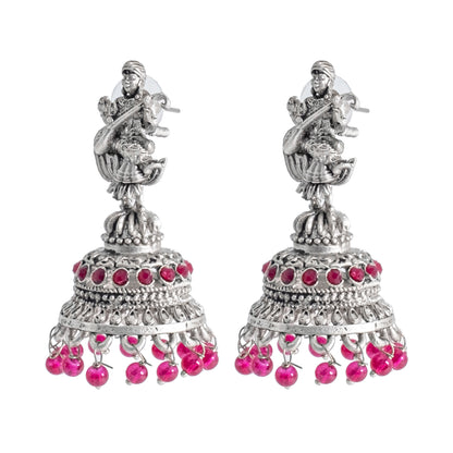 Traditional Indian Matte Silver Oxidised CZ Crystal Studded Temple Jhumka Earring For Women-Silver White (SJE_109_S_W)