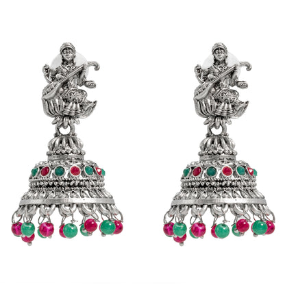 Traditional Indian Matte Silver Oxidised CZ Crystal Studded Temple Jhumka Earring For Women-Silver White (SJE_109_S_W)