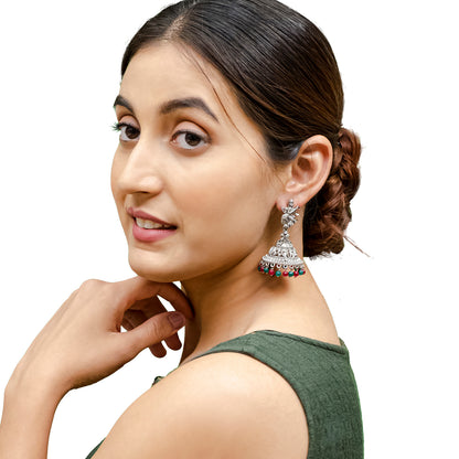 Traditional Indian Matte Silver Oxidised CZ Crystal Studded Temple Jhumka Earring For Women-Silver White (SJE_109_S_W)