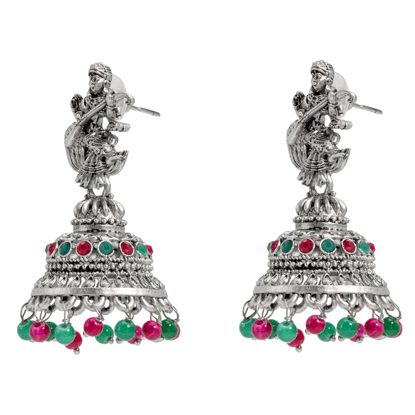 Traditional Indian Matte Silver Oxidised CZ Crystal Studded Temple Jhumka Earring For Women-Silver White (SJE_109_S_W)