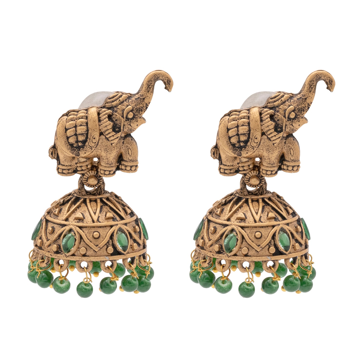 Traditional Indian Matte Gold Oxidised CZ Crystal Studded Elephant Jhumka Earring For Women - Gold Maroon (SJE_110_G_M)