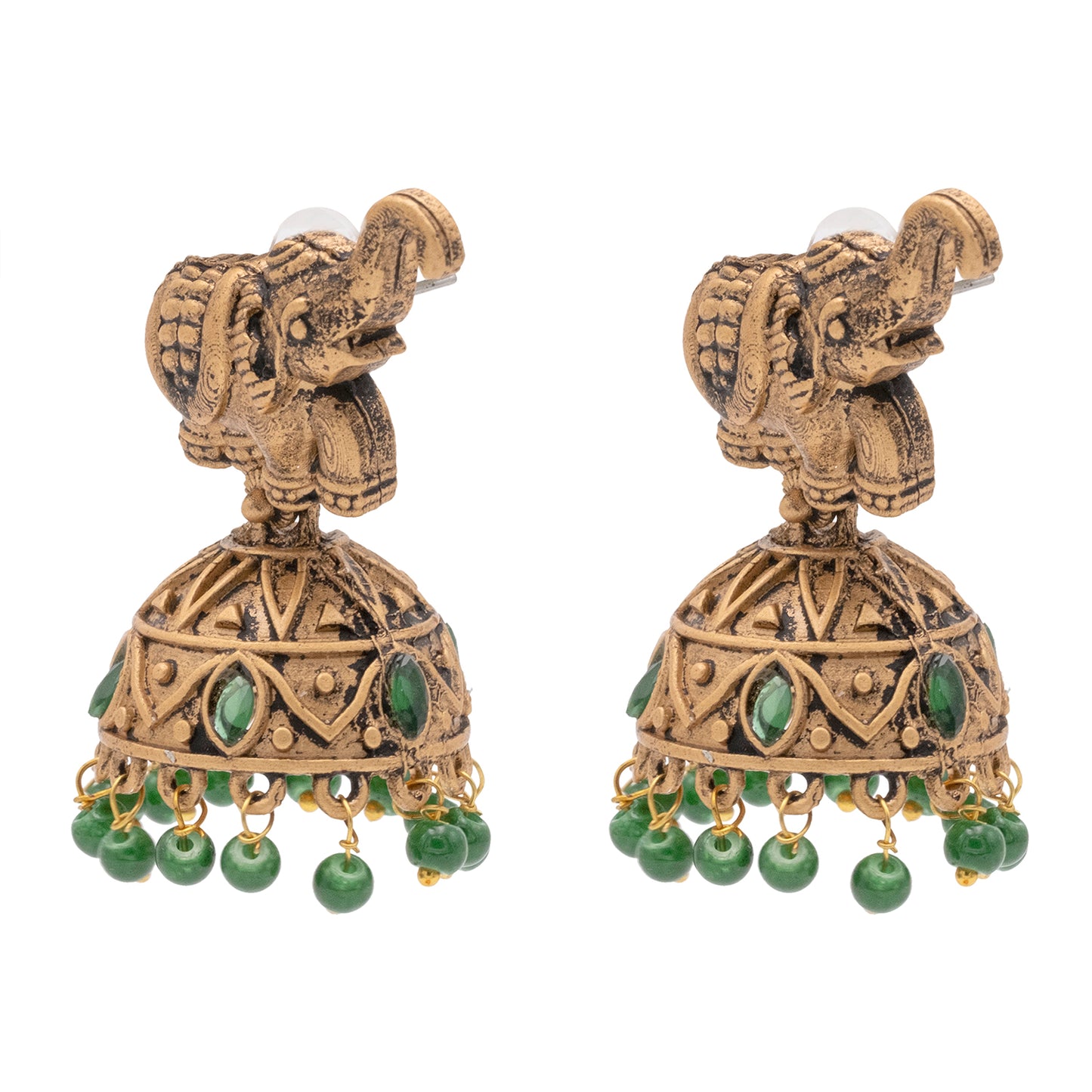 Traditional Indian Matte Gold Oxidised CZ Crystal Studded Elephant Jhumka Earring For Women - Gold Maroon (SJE_110_G_M)