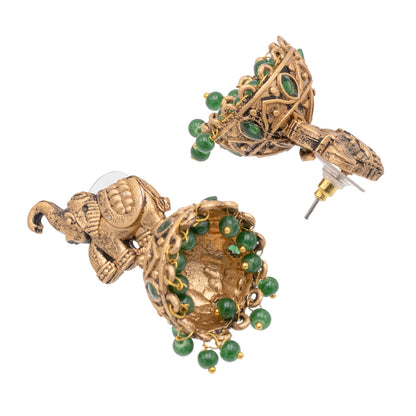 Traditional Indian Matte Gold Oxidised CZ Crystal Studded Elephant Jhumka Earring For Women - Gold Maroon (SJE_110_G_M)